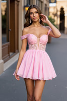 Load image into Gallery viewer, Sparkly Pink A Line Tulle Off the Shoulder Short Corset Homecoming Dress