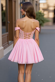 Sparkly Pink A Line Tulle Off the Shoulder Short Corset Homecoming Dress
