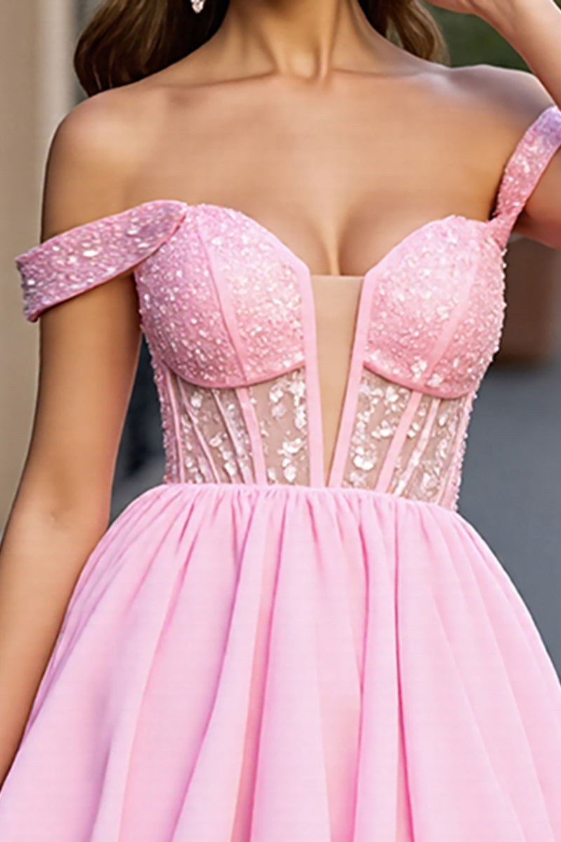 Load image into Gallery viewer, Sparkly Pink A Line Tulle Off the Shoulder Short Corset Homecoming Dress
