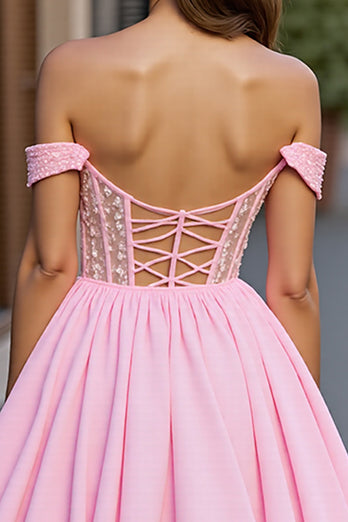 Sparkly Pink A Line Tulle Off the Shoulder Short Corset Homecoming Dress