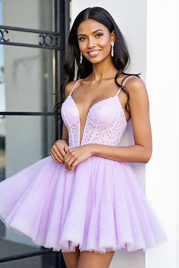 Lilac A Line Tulle Corset Short Homecoming Dress with Lace