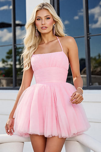 Pink A Line Ruched Spaghetti Straps Short Tulle Homecoming Dress