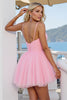Load image into Gallery viewer, Pink A Line Ruched Spaghetti Straps Short Tulle Homecoming Dress