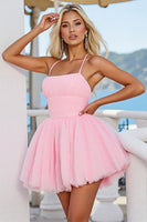 Load image into Gallery viewer, Pink A Line Ruched Spaghetti Straps Short Tulle Homecoming Dress