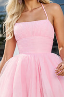 Load image into Gallery viewer, Pink A Line Ruched Spaghetti Straps Short Tulle Homecoming Dress
