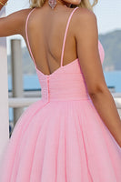 Load image into Gallery viewer, Pink A Line Ruched Spaghetti Straps Short Tulle Homecoming Dress