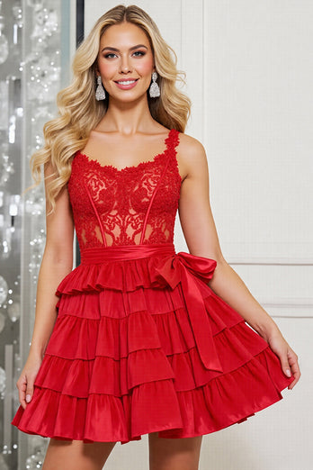 Red Corset A Line Short Homecoming Dress with Lace