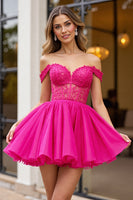 Load image into Gallery viewer, Fuchsia Tulle Corset Off the Shoulder Short Homecoming Dress