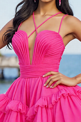 Fuchsia Tulle A Line Short Homecoming Dress with Ruffles