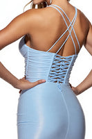 Load image into Gallery viewer, Light Blue Bodycon Satin Halter Short Homecoming Dress with Fringes