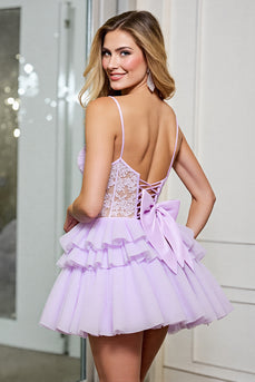 Corset Lilac Tulle A Line Short Homecoming Dress with Appliques
