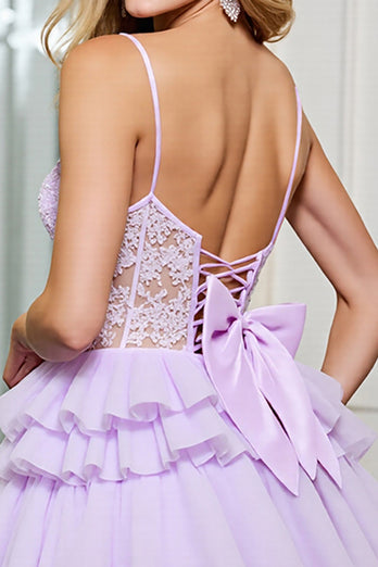 Corset Lilac Tulle A Line Short Homecoming Dress with Appliques