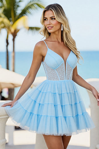Light Blue Tulle A Line Short Corset Homecoming Dress with Beading