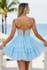 Load image into Gallery viewer, Light Blue Tulle A Line Short Corset Homecoming Dress with Beading