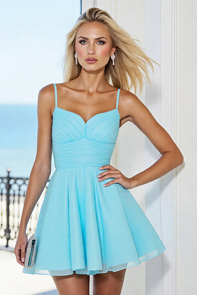 Blue Tulle A Line Short Homecoming Dress with Bow