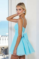 Load image into Gallery viewer, Blue Tulle A Line Short Homecoming Dress with Bow