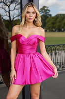 Load image into Gallery viewer, Fuchsia A Line Satin Off the Shoulder Short Homecoming Dress