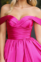 Load image into Gallery viewer, Fuchsia A Line Satin Off the Shoulder Short Homecoming Dress