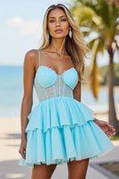 Load image into Gallery viewer, Blue Tulle A Line Corset Tiered Short Homecoming Dress