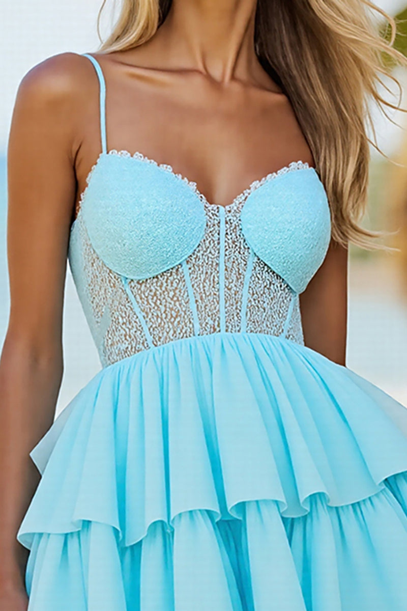 Load image into Gallery viewer, Blue Tulle A Line Corset Tiered Short Homecoming Dress