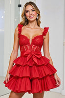Load image into Gallery viewer, Red Corset Chiffon A Line Short Homecoming Dress with Appliques
