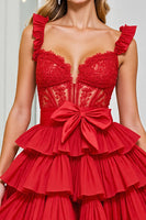 Load image into Gallery viewer, Red Corset Chiffon A Line Short Homecoming Dress with Appliques