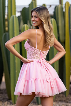 Pink A Line Tulle Short Corset Homecoming Dress with Lace