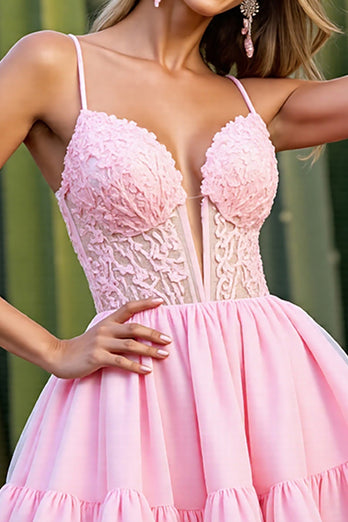 Pink A Line Tulle Short Corset Homecoming Dress with Lace