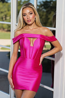 Load image into Gallery viewer, Fuchsia Satin Corset Off the Shoulder Short Bodycon Homecoming Dress