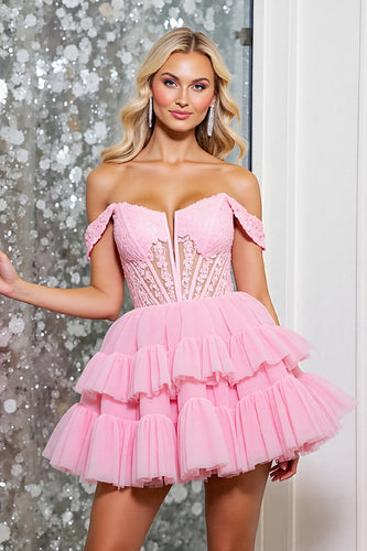 Corset Pink Tulle A Line Short Homecoming Dress with Appliques