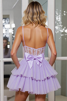 Lilac Corset Tulle A Line Short Homecoming Dress with Appliques