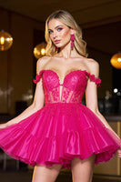 Load image into Gallery viewer, Fuchsia Corset A Line Tulle Short Homecoming Dress with Lace