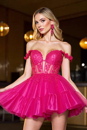 Fuchsia Corset A Line Tulle Short Homecoming Dress with Lace