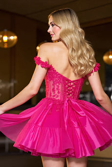 Fuchsia Corset A Line Tulle Short Homecoming Dress with Lace