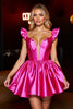 Load image into Gallery viewer, Fuchsia Satin A Line Cap Sleeves Short Corset Homecoming Dress