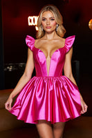Load image into Gallery viewer, Fuchsia Satin A Line Cap Sleeves Short Corset Homecoming Dress