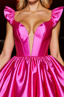 Load image into Gallery viewer, Fuchsia Satin A Line Cap Sleeves Short Corset Homecoming Dress