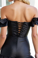 Load image into Gallery viewer, Black Corset Satin Off the Shoulder Short Homecoming Dress with Ruffles