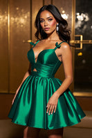 Load image into Gallery viewer, Dark Green A Line Spaghetti Straps Short Satin Homecoming Dress