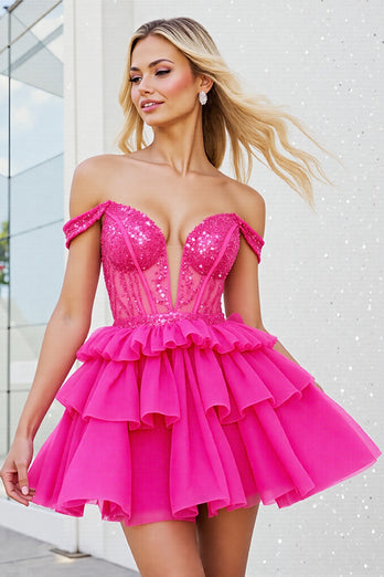 Sparkly Fuchsia Corset A Line Short Tulle Homecoming Dress