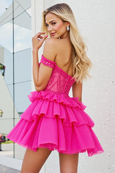 Sparkly Fuchsia Corset A Line Short Tulle Homecoming Dress