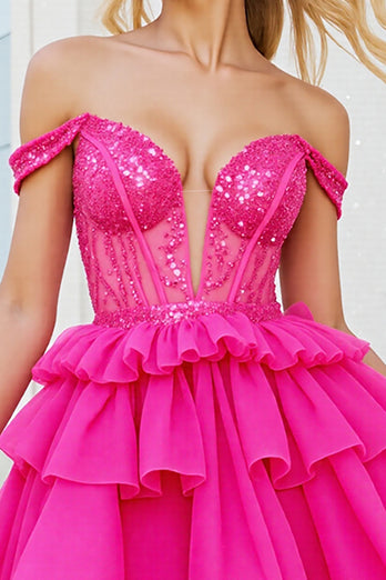 Sparkly Fuchsia Corset A Line Short Tulle Homecoming Dress