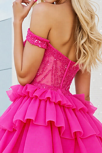 Sparkly Fuchsia Corset A Line Short Tulle Homecoming Dress