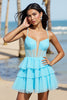 Load image into Gallery viewer, Light Blue Corset Tulle A Line Short Homecoming Dress with Lace
