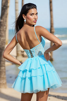 Light Blue Corset Tulle A Line Short Homecoming Dress with Lace