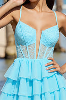 Load image into Gallery viewer, Light Blue Corset Tulle A Line Short Homecoming Dress with Lace