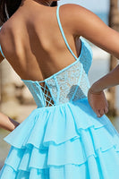 Load image into Gallery viewer, Light Blue Corset Tulle A Line Short Homecoming Dress with Lace