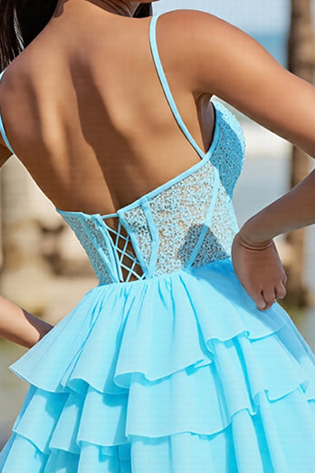 Light Blue Corset Tulle A Line Short Homecoming Dress with Lace