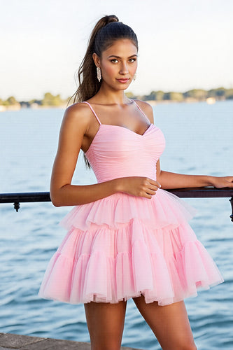 Pink A Line Tulle Tiered Short Homecoming Dress