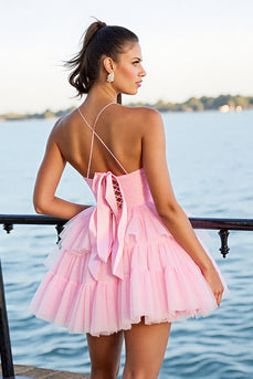 Pink A Line Tulle Tiered Short Homecoming Dress